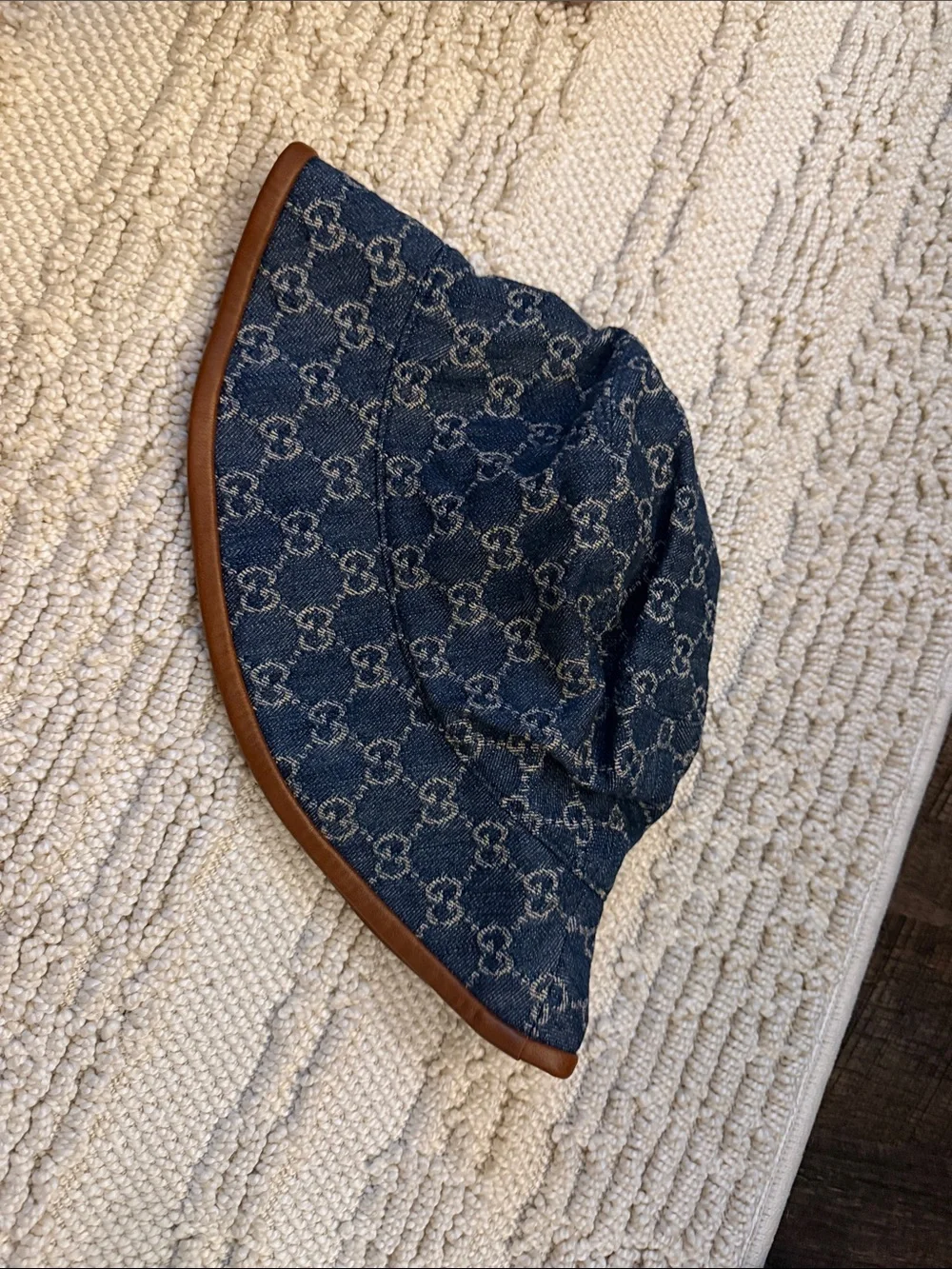 Gucci Denim GG Supreme Bucket Hat with Brown Leather Trim